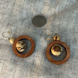 Wooden Hoop Earrings with Cream Accents